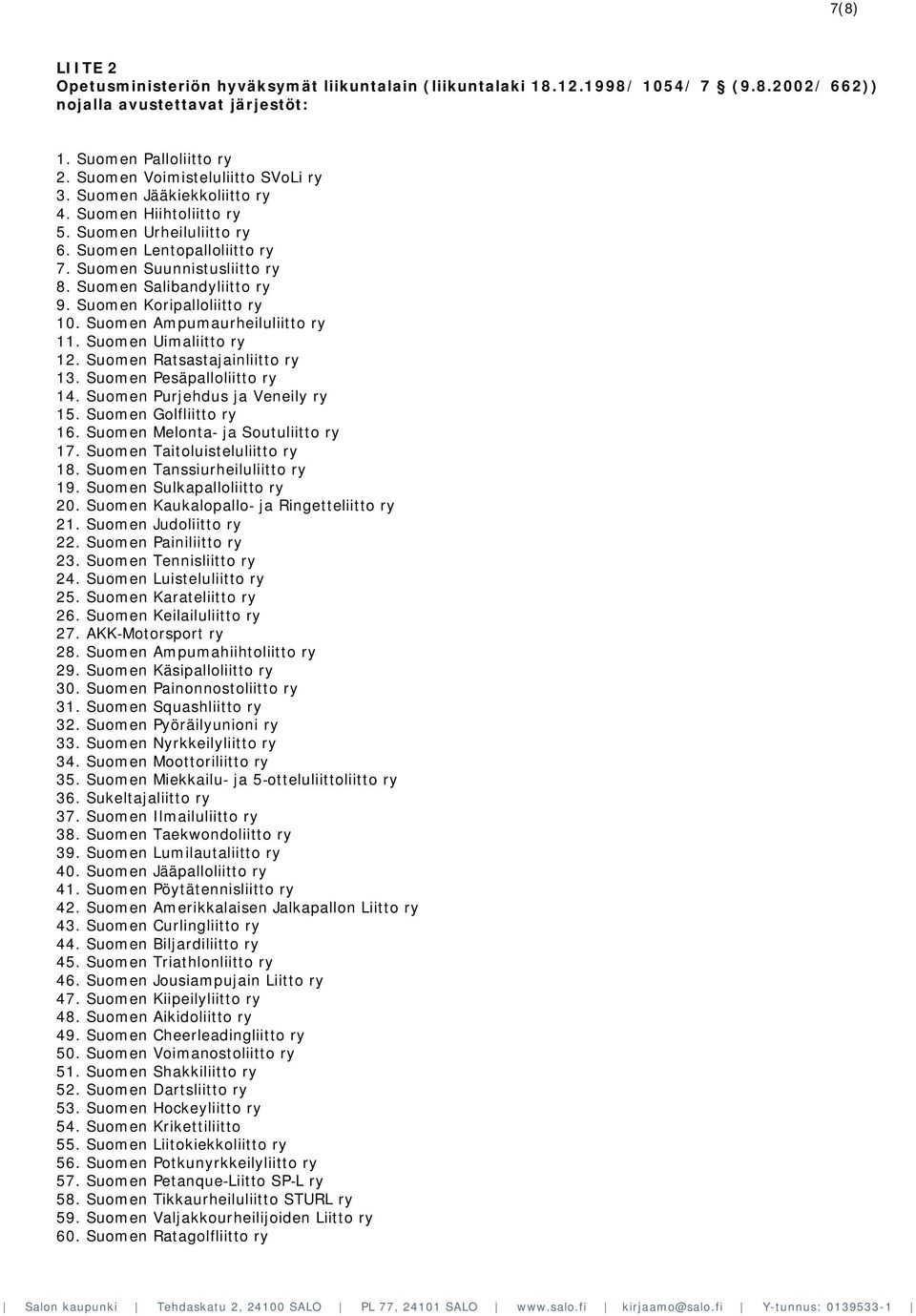 Suomen Salibandyliitto ry 9. Suomen Koripalloliitto ry 10. Suomen Ampumaurheiluliitto ry 11. Suomen Uimaliitto ry 12. Suomen Ratsastajainliitto ry 13. Suomen Pesäpalloliitto ry 14.