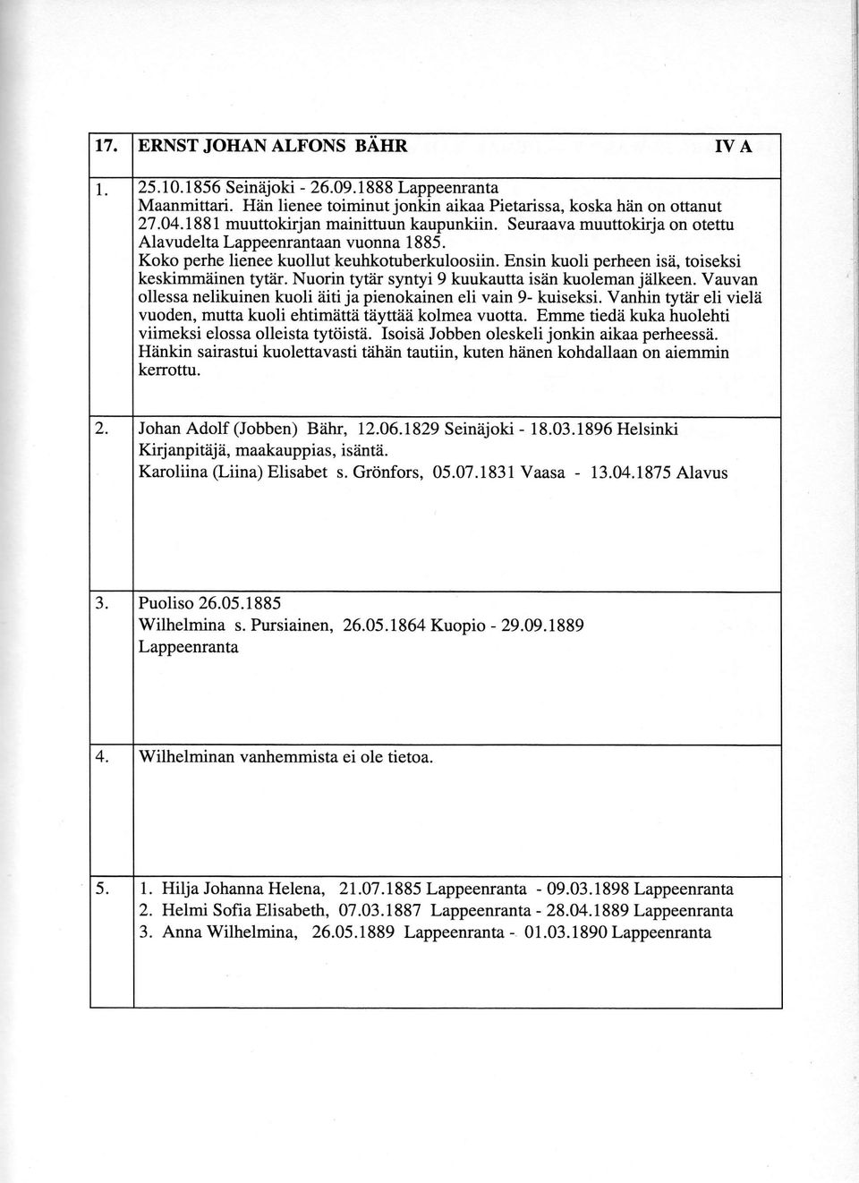 Ensin kuoli perheen isii, toiseksi keskimmiiinen tytiir. Nuorin tytiir syntyi 9 kuukautta isiin kuoleman jiilkeen. Vauvan ollessa nelikuinen kuoli iiiti ja pienokainen eli vain 9- kuiseksi.