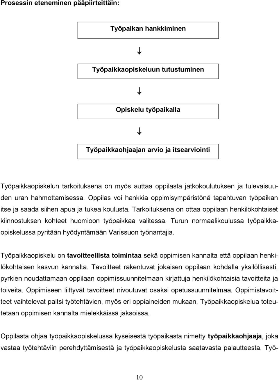 Tarkoituksena on ottaa oppilaan henkilökohtaiset kiinnostuksen kohteet huomioon työpaikkaa valitessa. Turun normaalikoulussa työpaikkaopiskelussa pyritään hyödyntämään Varissuon työnantajia.
