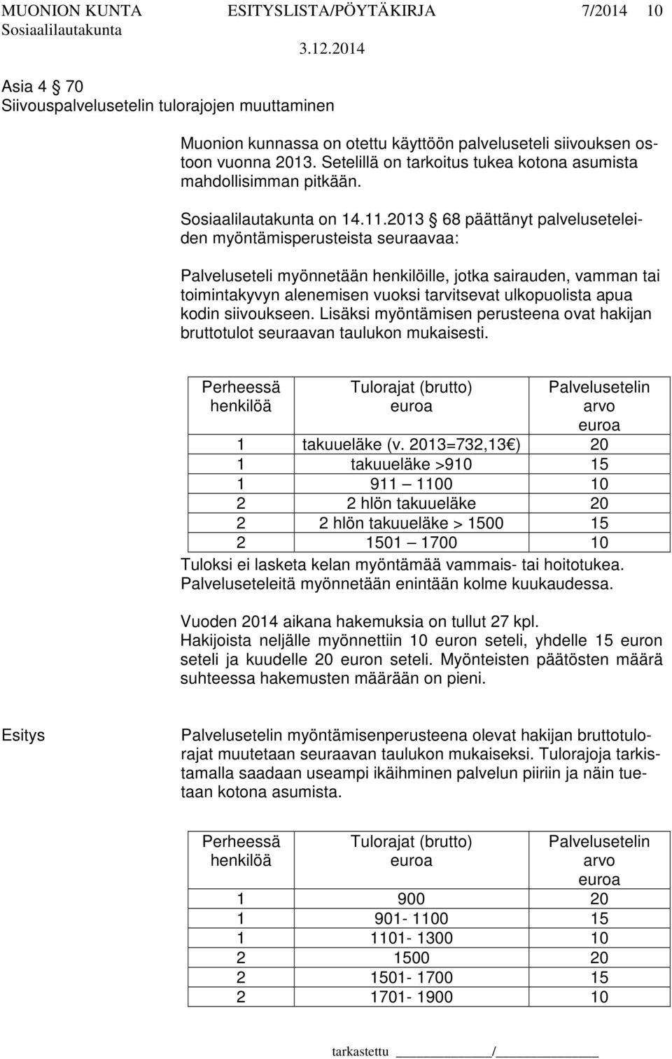 2013 68 päättänyt palveluseteleiden myöntämisperusteista seuraavaa: Palveluseteli myönnetään henkilöille, jotka sairauden, vamman tai toimintakyvyn alenemisen vuoksi tarvitsevat ulkopuolista apua