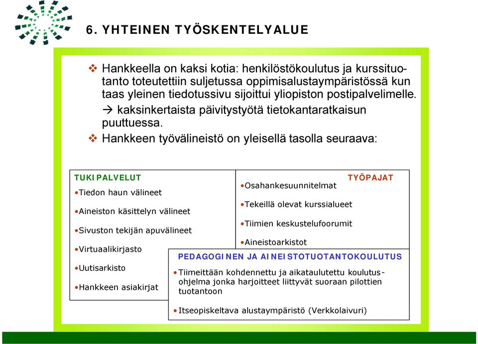 Hankkeen työvälineistö on yleisellä tasolla seuraava: TUKIPALVELUT Tiedon haun välineet Aineiston käsittelyn välineet Sivuston tekijän apuvälineet Virtuaalikirjasto Uutisarkisto Hankkeen