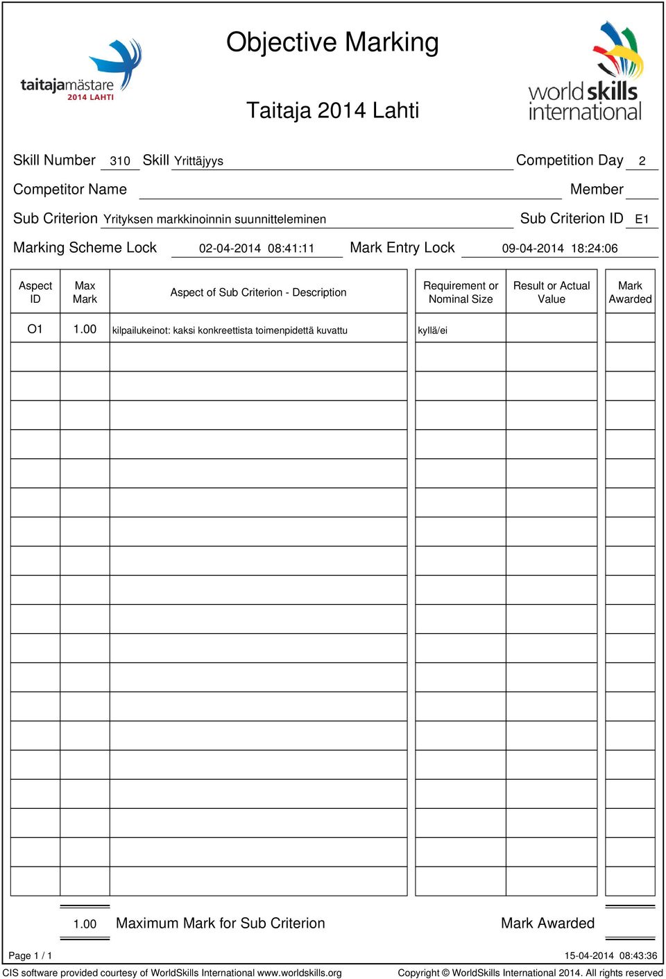 Lock 09-04-2014 18:24:06 Requirement or Nominal Size Result or Actual Value O1 1.