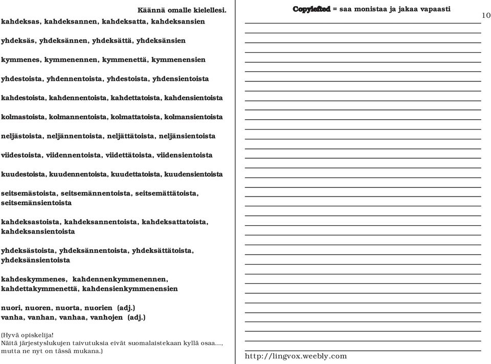 yhdensientoista kahdestoista, kahdennentoista, kahdettatoista, kahdensientoista kolmastoista, kolmannentoista, kolmattatoista, kolmansientoista neljästoista, neljännentoista, neljättätoista,