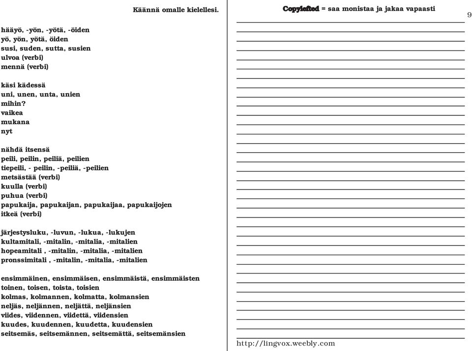 itkeä (verbi) järjestysluku, -luvun, -lukua, -lukujen kultamitali, -mitalin, -mitalia, -mitalien hopeamitali, -mitalin, -mitalia, -mitalien pronssimitali, -mitalin, -mitalia, -mitalien ensimmäinen,