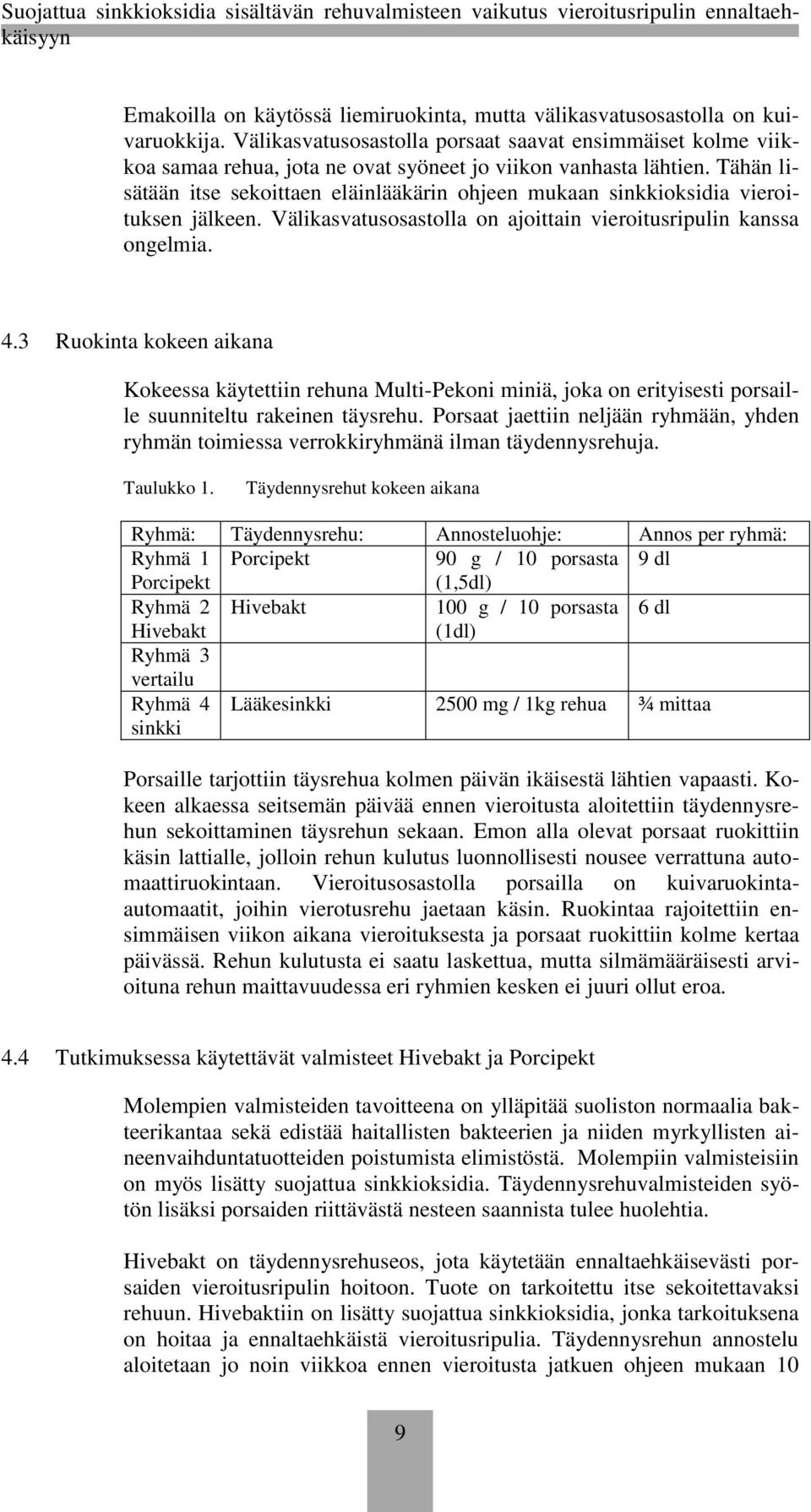 Tähän lisätään itse sekoittaen eläinlääkärin ohjeen mukaan sinkkioksidia vieroituksen jälkeen. Välikasvatusosastolla on ajoittain vieroitusripulin kanssa ongelmia. 4.