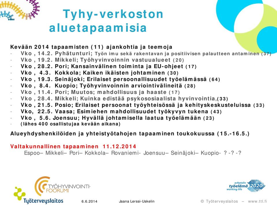 4. Pori; Muutos; mahdollisuus ja haaste (17) - Vko, 28.4. Mikkeli; Kuinka edistää psykososiaalista hyvinvointia,(33) - Vko, 21.5.