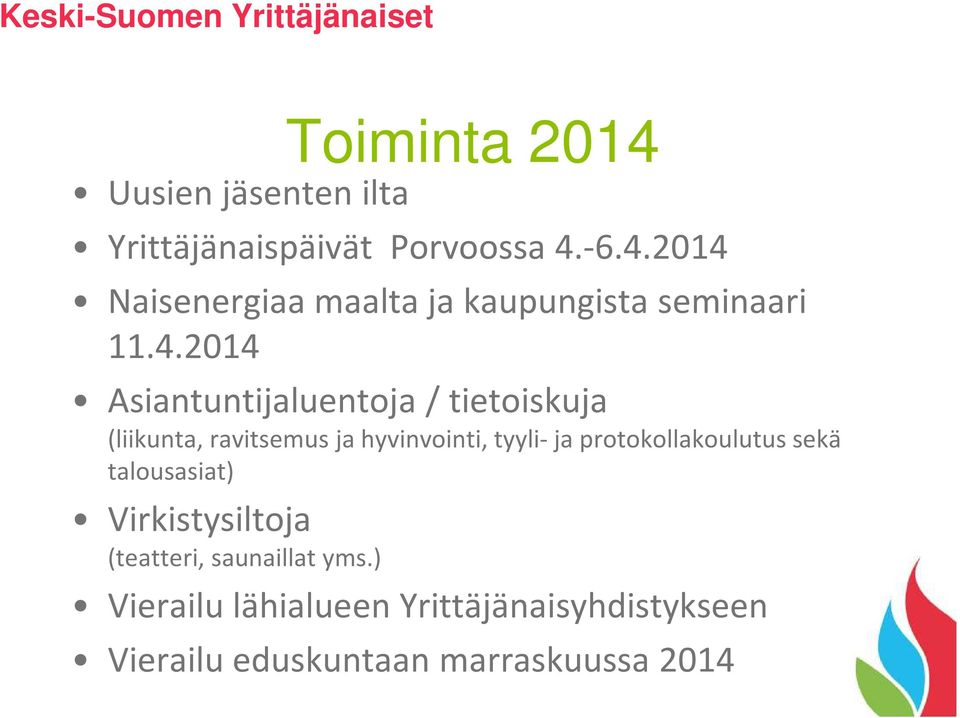 protokollakoulutus sekä talousasiat) Virkistysiltoja (teatteri, saunaillat yms.