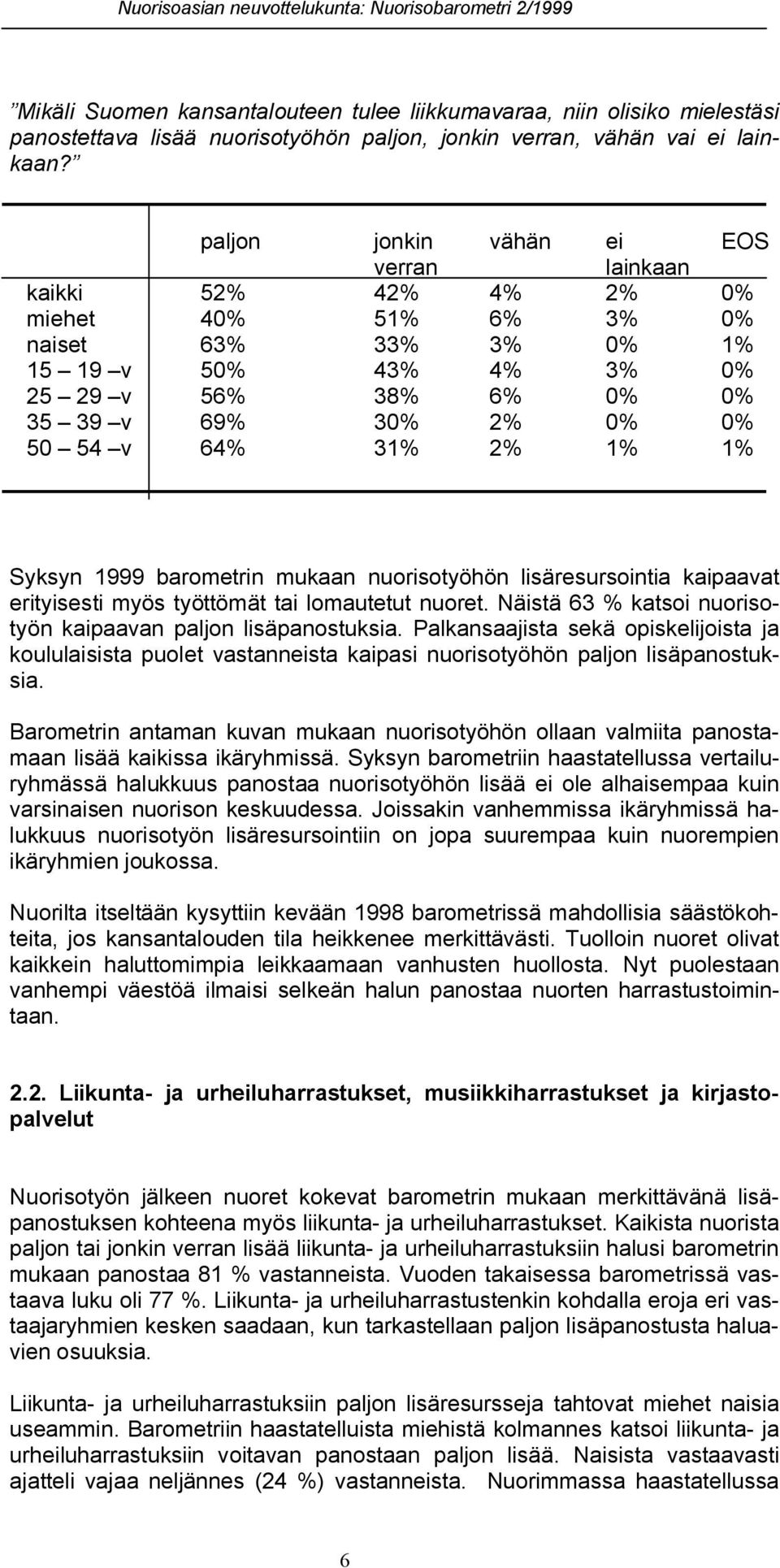 64% 31% 2% 1% 1% Syksyn 1999 barometrin mukaan nuorisotyöhön lisäresursointia kaipaavat erityisesti myös työttömät tai lomautetut nuoret.