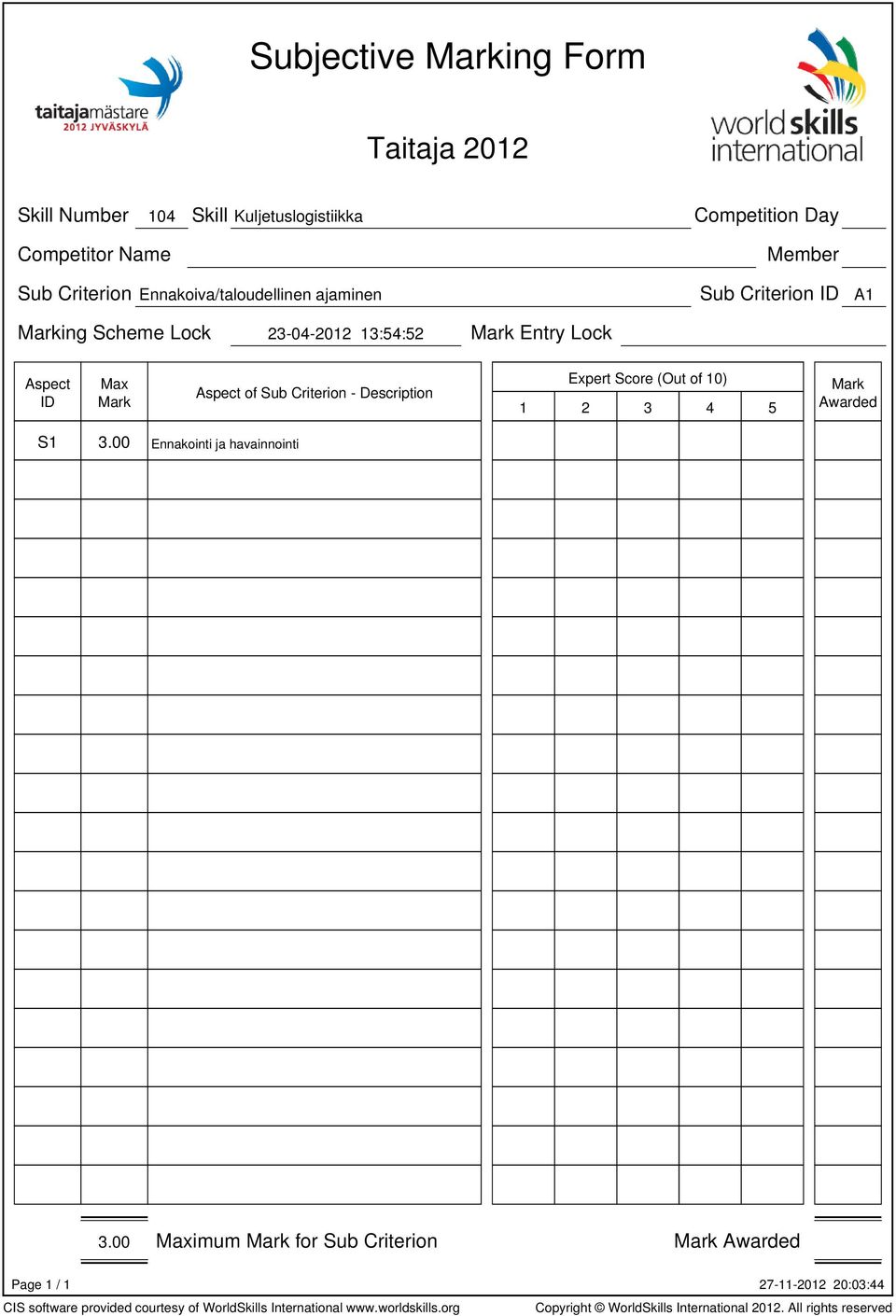 Entry Lock of Sub Criterion - Description Expert Score (Out of