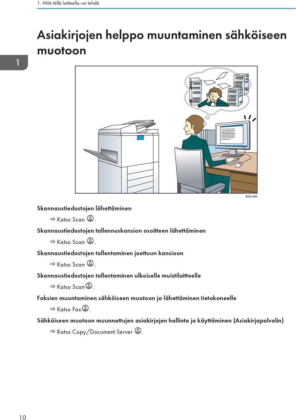 Skannaustiedostojen tallentaminen jaettuun kansioon Katso Scan. Skannaustiedostojen tallentaminen ulkoiselle muistilaitteelle Katso Scan.