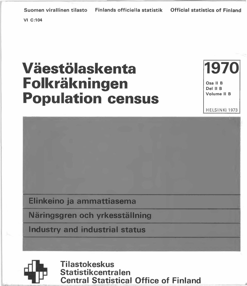 C:104 Väestölaskenta Folkräkningen Population census 1970 Osa II B Del II B Volum e II