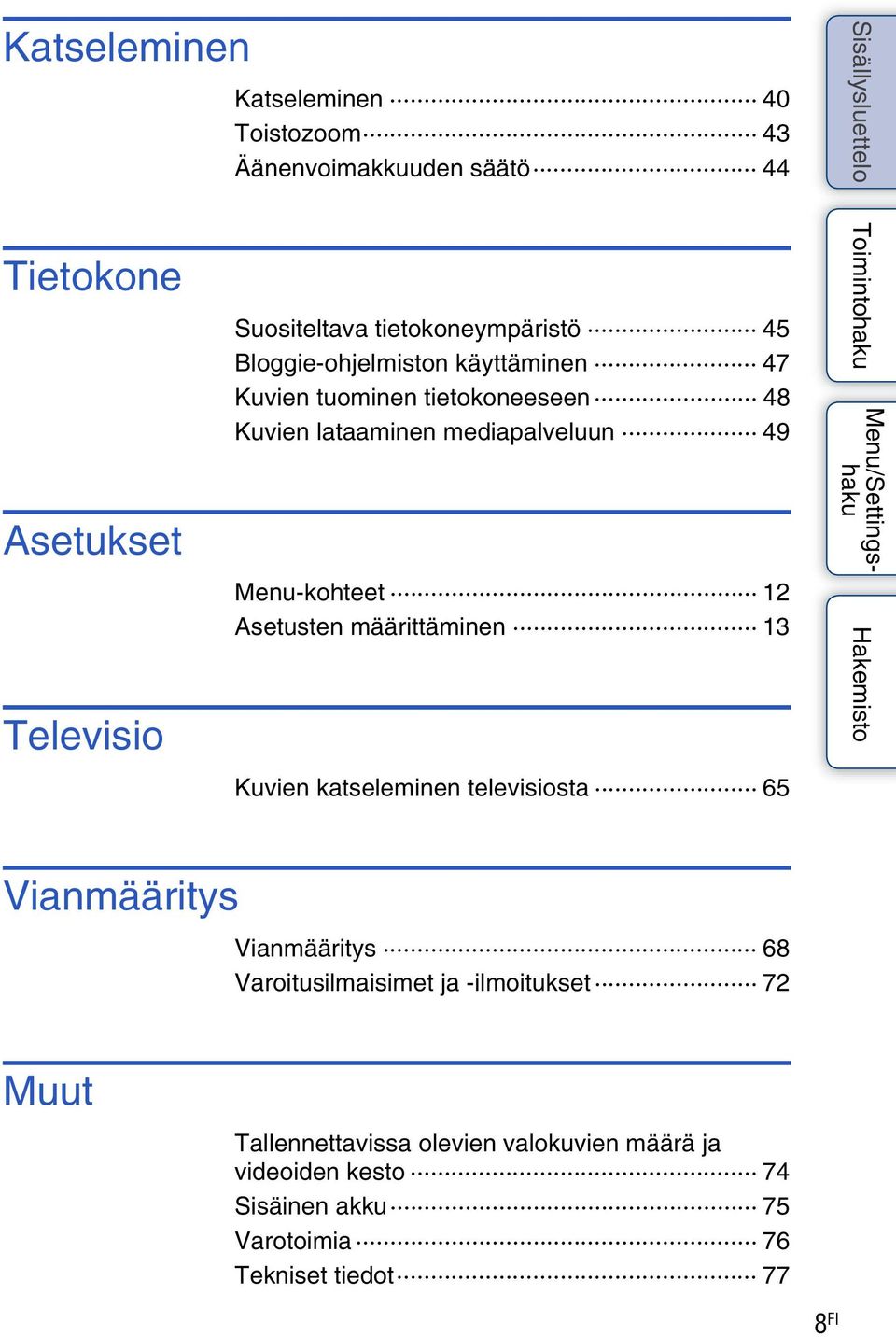 Menu-kohteet 12 Asetusten määrittäminen 13 Kuvien katseleminen televisiosta 65 Vianmääritys Vianmääritys 68 Varoitusilmaisimet