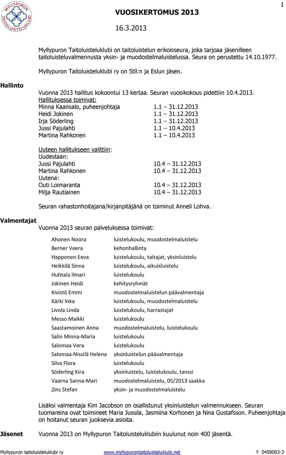 1 31.12.2013 Heidi Jokinen 1.1 31.12.2013 Irja Söderling 1.1 31.12.2013 Jussi Pajulahti 1.1 10.4.2013 Martina Rahkonen 1.1 10.4.2013 Uuteen hallitukseen valittiin: Uudestaan: Jussi Pajulahti 10.4 31.