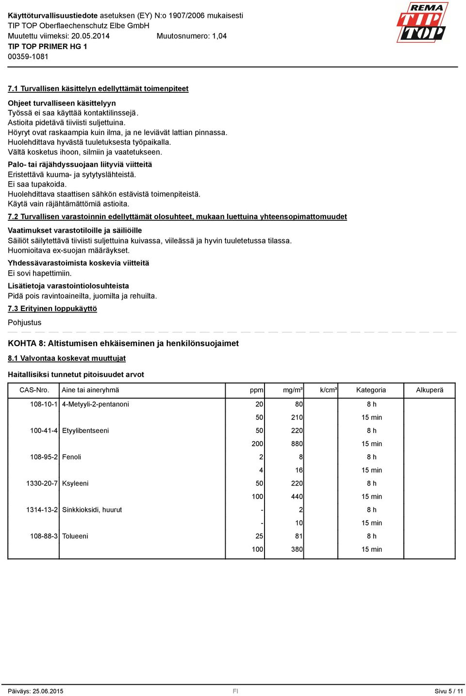 Palo- tai räjähdyssuojaan liityviä viitteitä Eristettävä kuuma- ja sytytyslähteistä. Ei saa tupakoida. Huolehdittava staattisen sähkön estävistä toimenpiteistä. Käytä vain räjähtämättömiä astioita. 7.