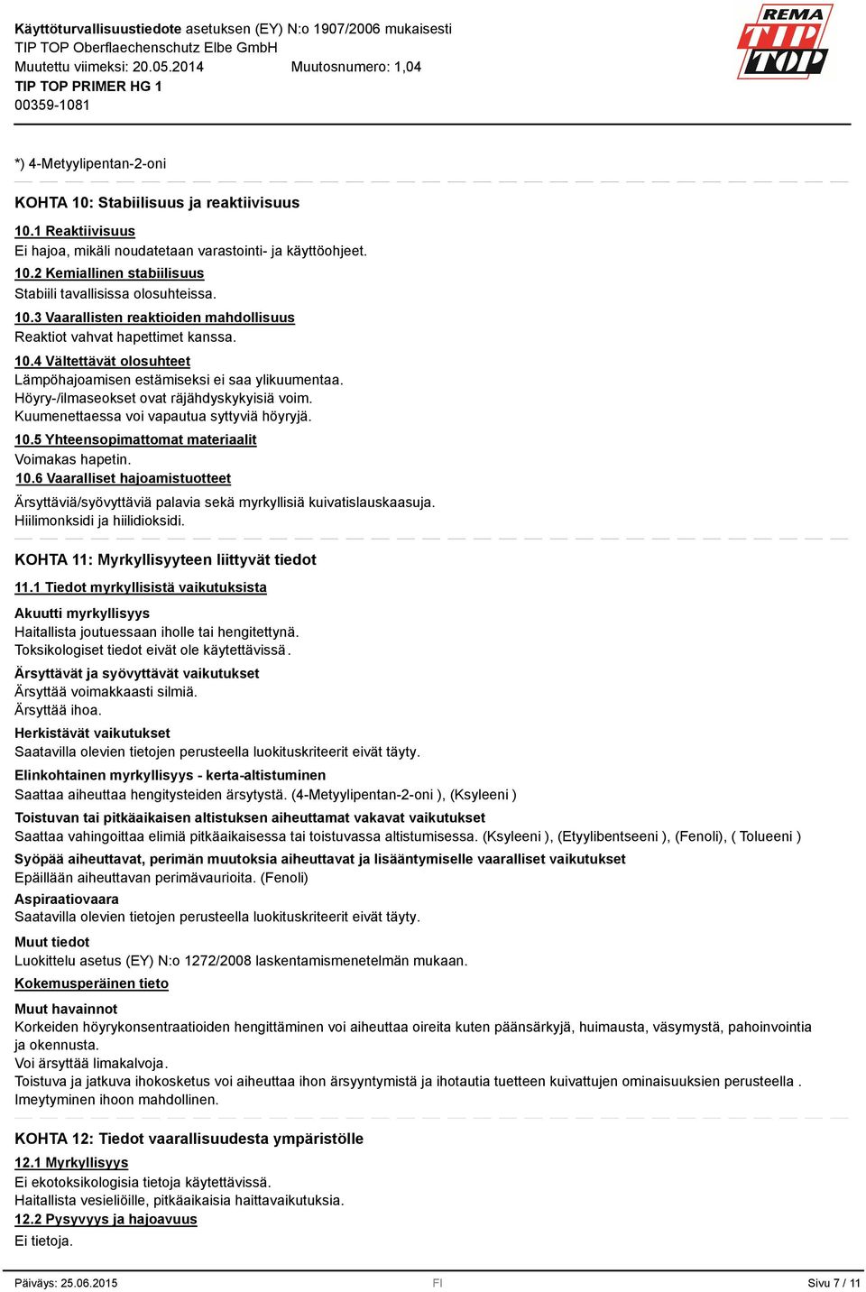 Kuumenettaessa voi vapautua syttyviä höyryjä. 10.5 Yhteensopimattomat materiaalit Voimakas hapetin. 10.6 Vaaralliset hajoamistuotteet Ärsyttäviä/syövyttäviä palavia sekä myrkyllisiä kuivatislauskaasuja.