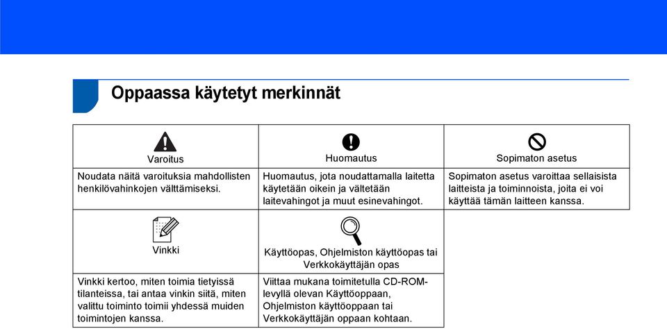 Sopimaton asetus varoittaa sellaisista laitteista ja toiminnoista, joita ei voi käyttää tämän laitteen kanssa.