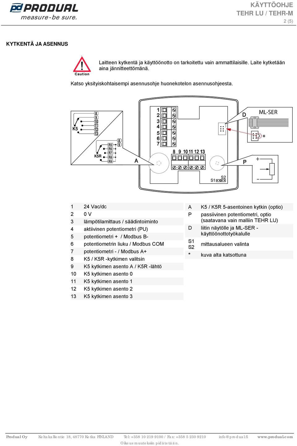 K5 8 9 10 11 12 13 K5R R5 R6 R7 R8 R9 8 9 + L-SER * S1 S2-1 24 Vac/dc 2 0 V 3 lämpötilamittaus / säädintoiminto 4 aktiivinen potentiometri (PU) 5 potentiometri + / odbus B- 6 potentiometrin liuku /