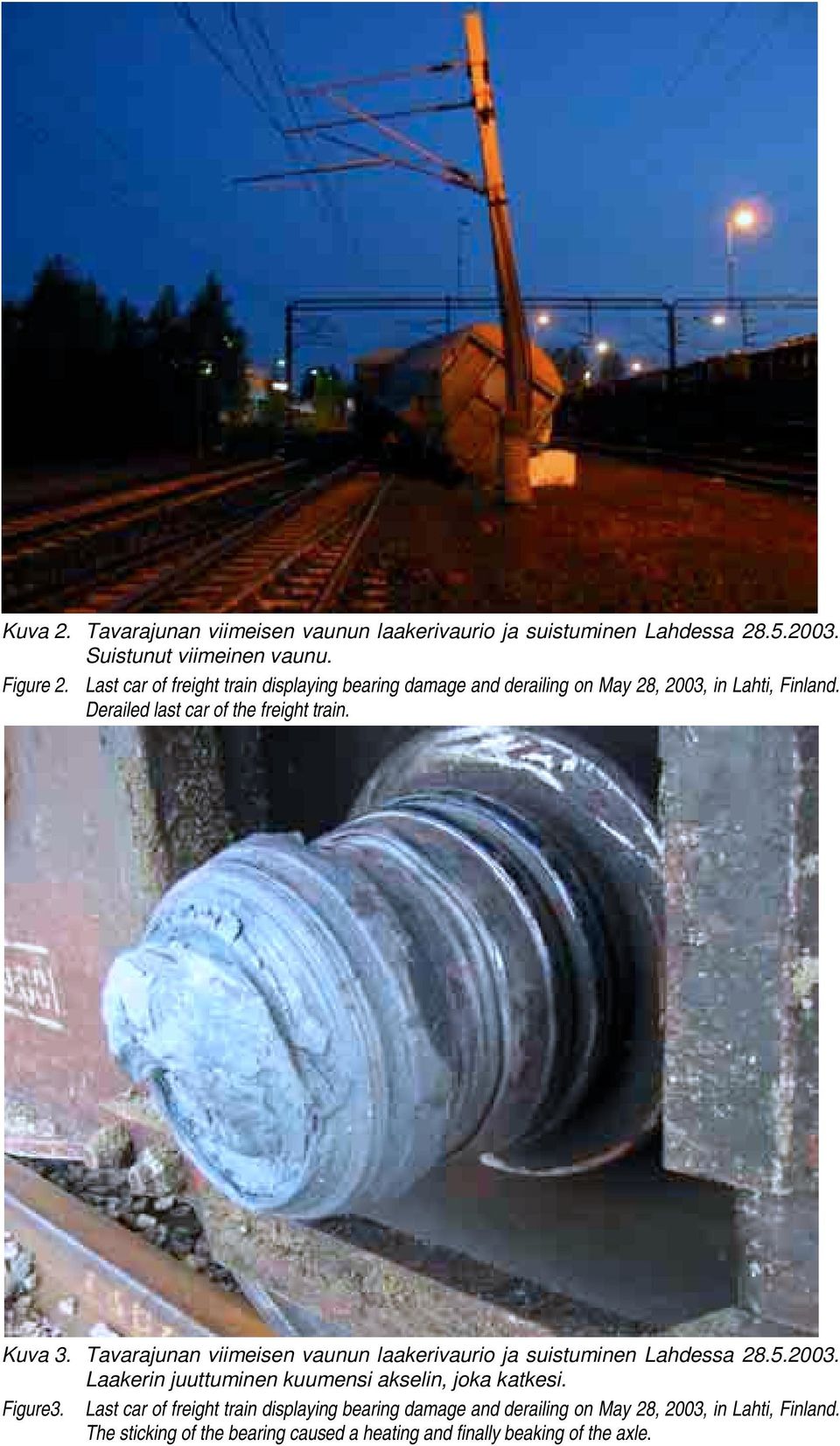 Derailed last car of the freight train. Kuva 3.. Laakerin juuttuminen kuumensi akselin, joka katkesi. Figure3.