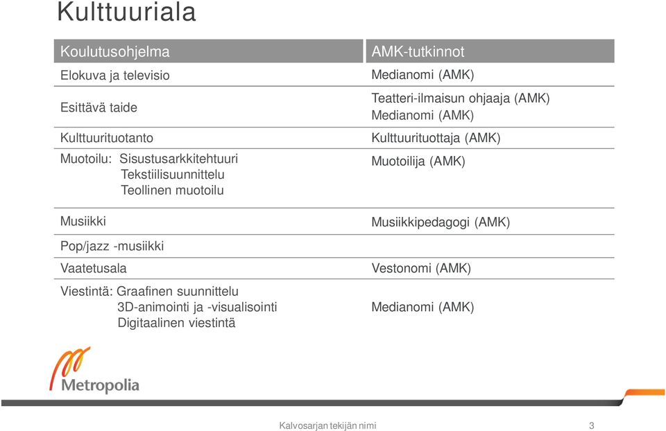 3D-animointi ja -visualisointi Digitaalinen viestintä AMK-tutkinnot Medianomi (AMK) Teatteri-ilmaisun ohjaaja (AMK)