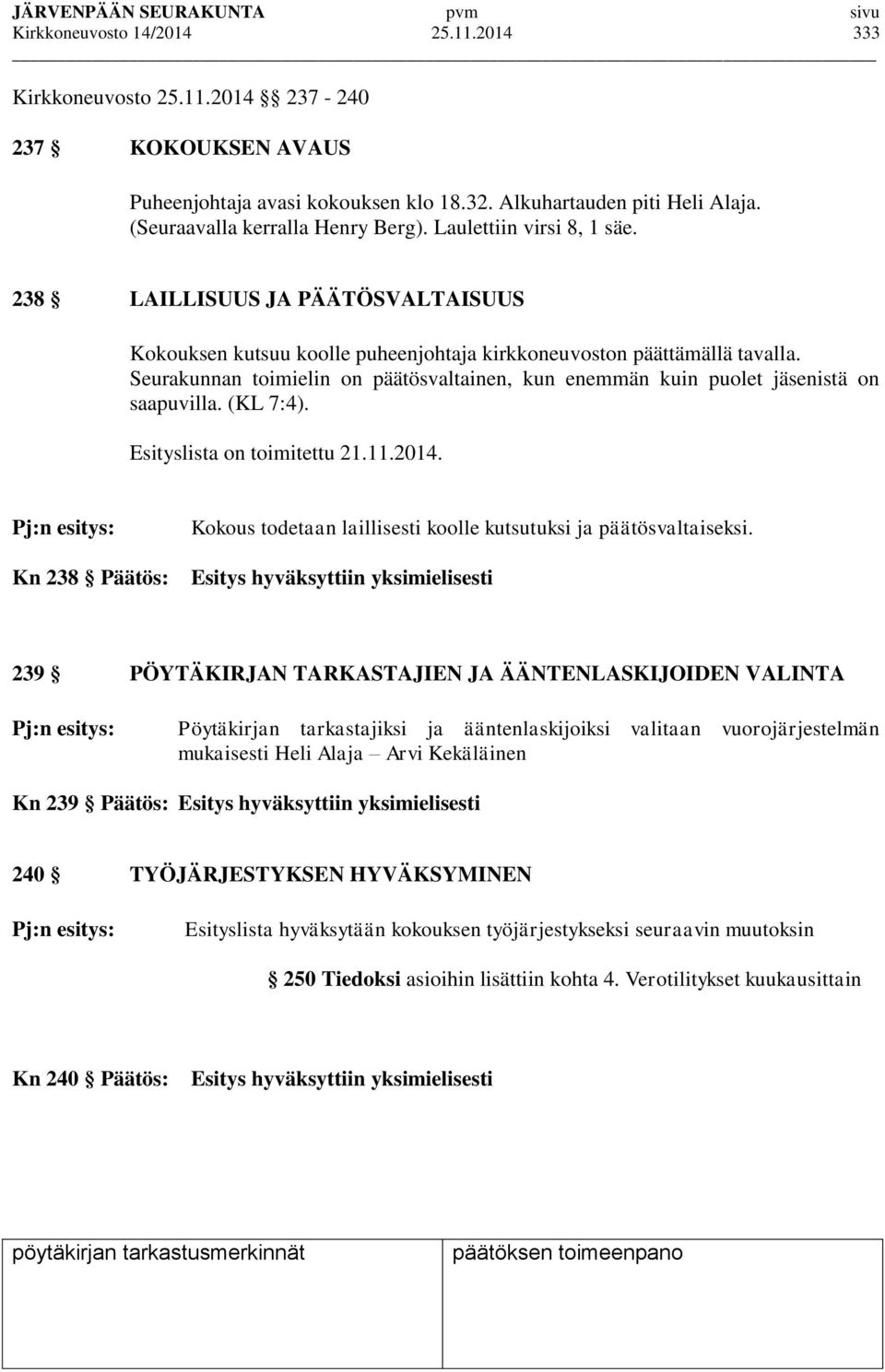 Seurakunnan toimielin on päätösvaltainen, kun enemmän kuin puolet jäsenistä on saapuvilla. (KL 7:4). Esityslista on toimitettu 21.11.2014.