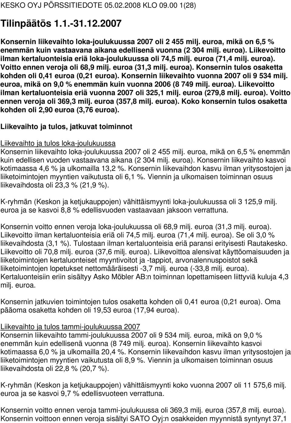 (31,3 milj. ). Konsernin tulos osaketta kohden oli 0,41 (0,21 ). Konsernin liikevaihto vuonna oli 9 534 milj., mikä on 9,0 % enemmän kuin vuonna (8 749 milj. ). Liikevoitto ilman kertaluonteisia eriä vuonna oli 325,1 milj.