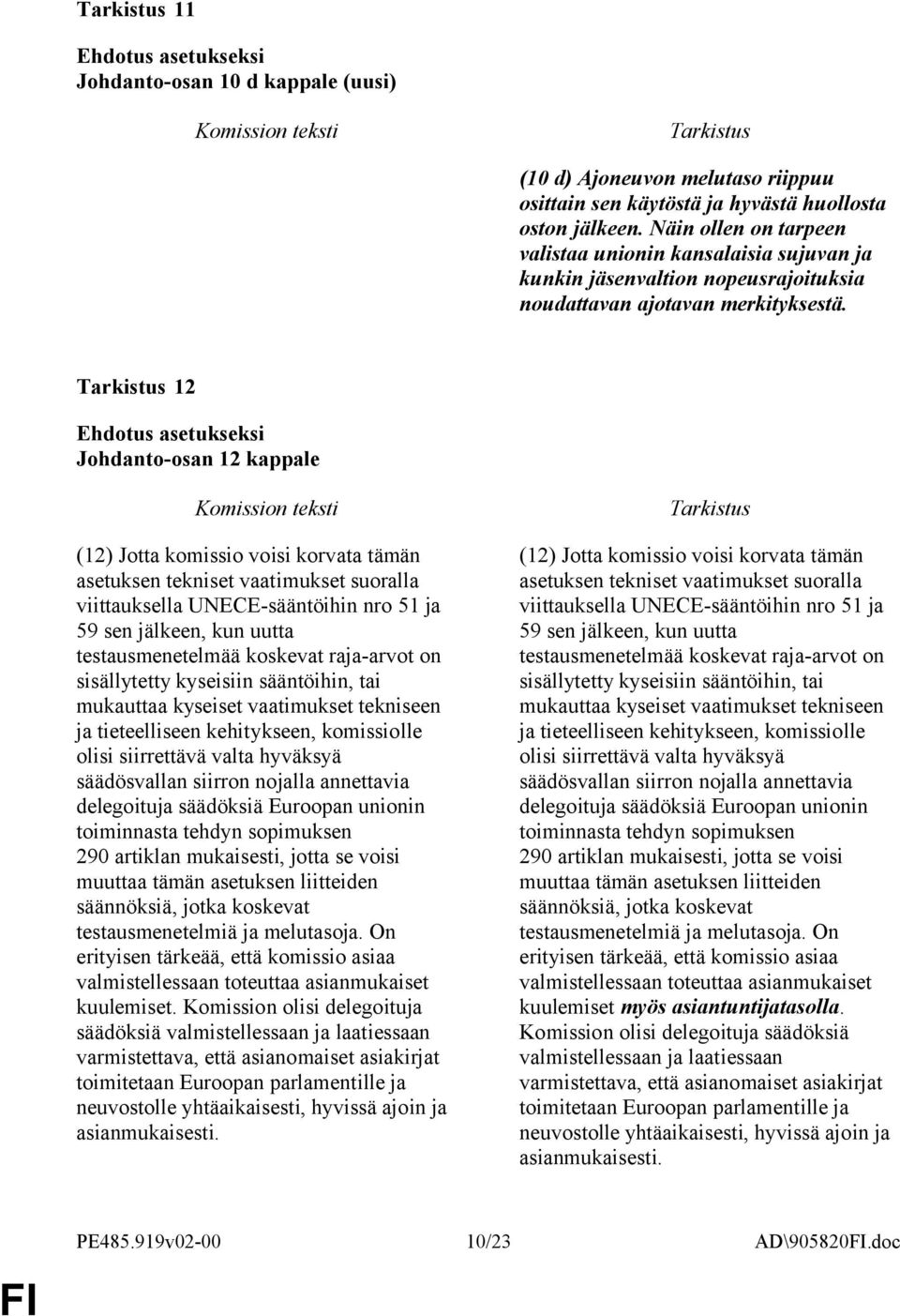 12 Johdanto-osan 12 kappale (12) Jotta komissio voisi korvata tämän asetuksen tekniset vaatimukset suoralla viittauksella UNECE-sääntöihin nro 51 ja 59 sen jälkeen, kun uutta testausmenetelmää