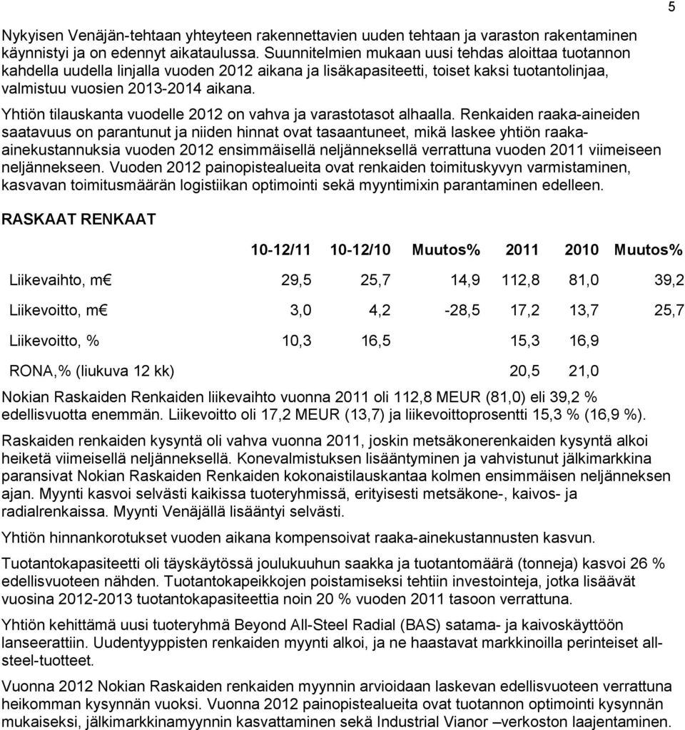 Yhtiön tilauskanta vuodelle 2012 on vahva ja varastotasot alhaalla.