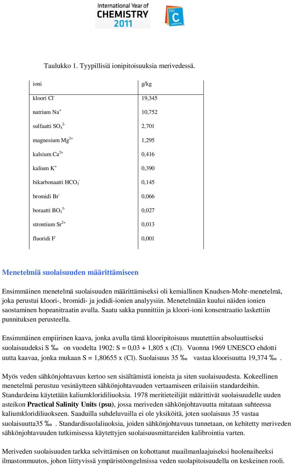 strontium Sr 2+ 0,013 fluoridi F - 0,001 Menetelmiä suolaisuuden määrittämiseen Ensimmäinen menetelmä suolaisuuden määrittämiseksi oli kemiallinen Knudsen-Mohr-menetelmä, joka perustui kloori-,