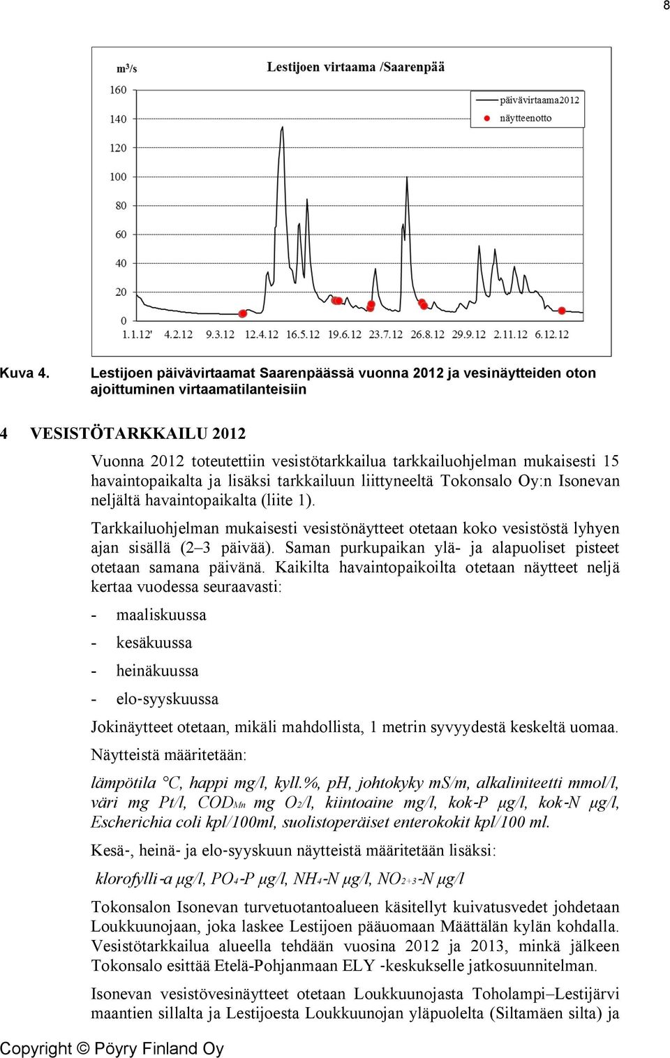 mukaisesti 15 havaintopaikalta ja lisäksi tarkkailuun liittyneeltä Tokonsalo Oy:n Isonevan neljältä havaintopaikalta (liite 1).