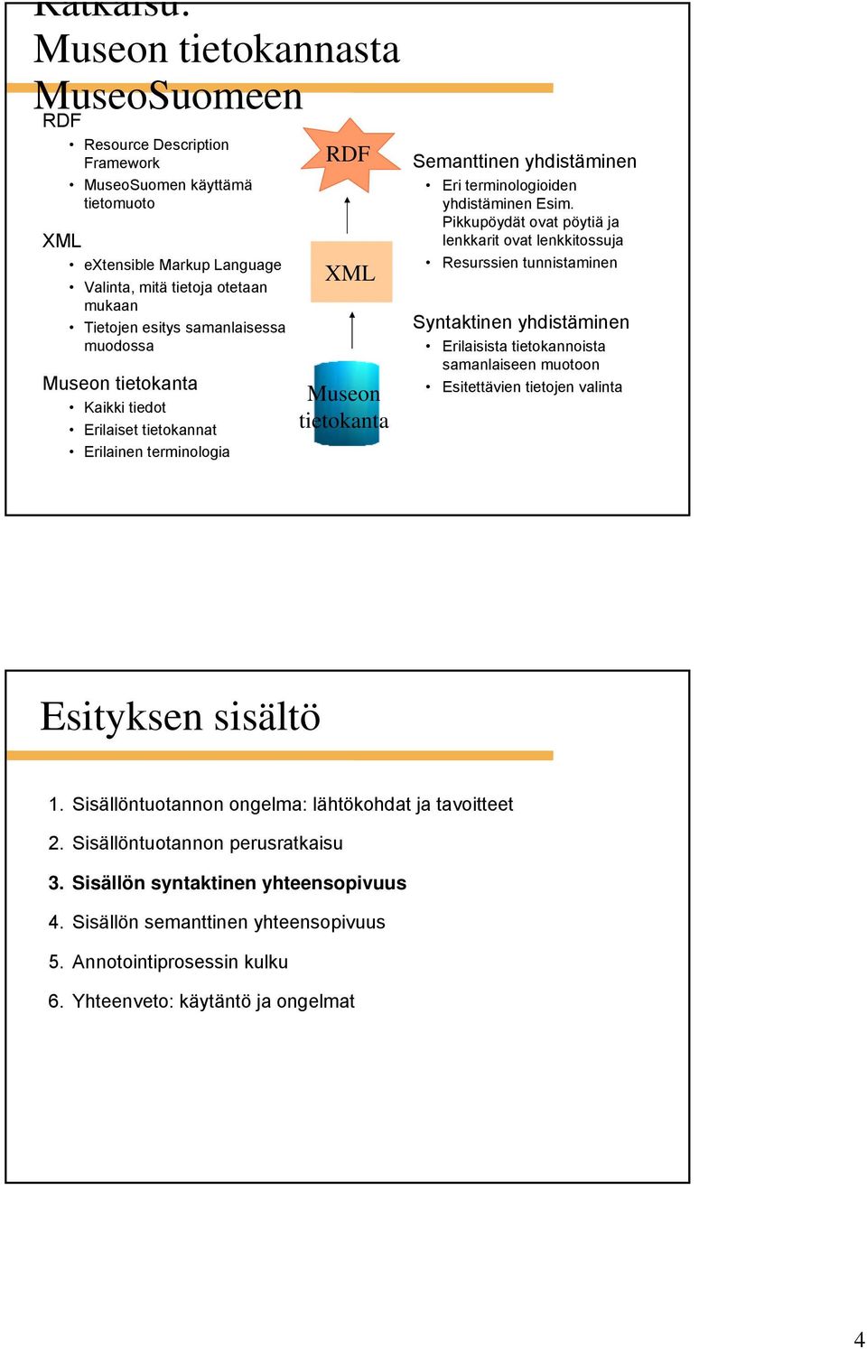 Pikkupöydät ovat pöytiä ja lenkkarit ovat lenkkitossuja Resurssien tunnistaminen Syntaktinen yhdistäminen Erilaisista tietokannoista samanlaiseen muotoon Esitettävien tietojen valinta Esityksen