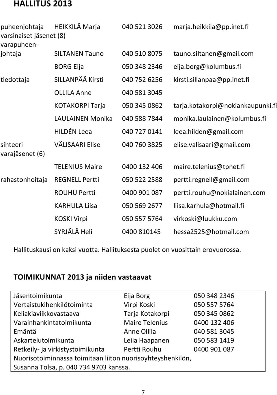 kotakorpi@nokiankaupunki.fi LAULAINEN Monika 040 588 7844 monika.laulainen@kolumbus.fi HILDÉN Leea 040 727 0141 leea.hilden@gmail.com sihteeri VÄLISAARI Elise 0407603825 elise.valisaari@gmail.