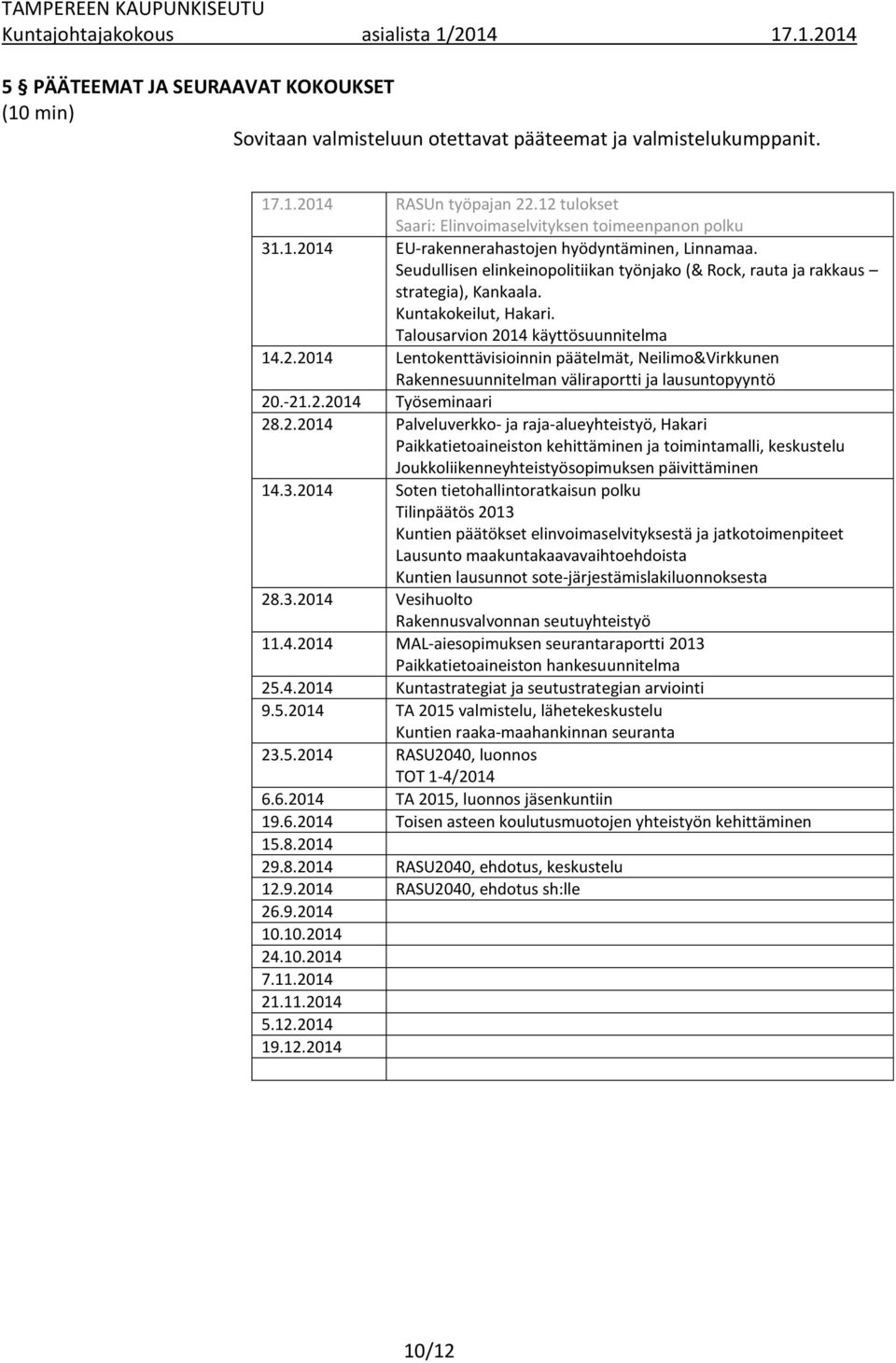 Talousarvion 2014 käyttösuunnitelma 14.2.2014 Lentokenttävisioinnin päätelmät, Neilimo&Virkkunen Rakennesuunnitelman väliraportti ja lausuntopyyntö 20.-21.2.2014 Työseminaari 28.2.2014 Palveluverkko- ja raja-alueyhteistyö, Hakari Paikkatietoaineiston kehittäminen ja toimintamalli, keskustelu Joukkoliikenneyhteistyösopimuksen päivittäminen 14.