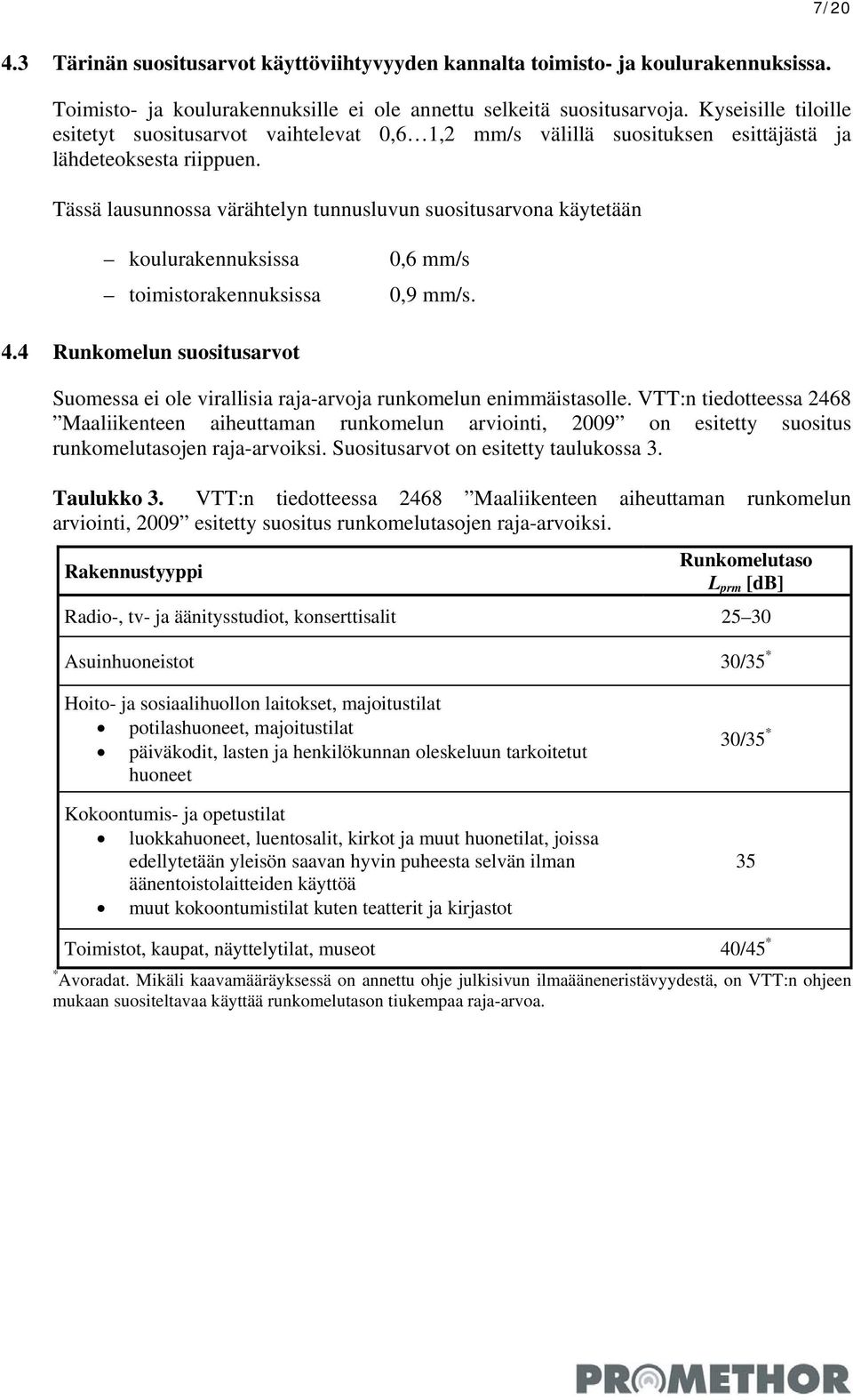 Tässä lausunnossa värähtelyn tunnusluvun suositusarvona käytetään koulurakennuksissa 0,6 mm/s toimistorakennuksissa 0,9 mm/s. 4.