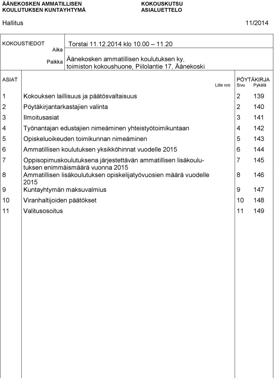 Ilmoitusasiat 3 141 4 Työnantajan edustajien nimeäminen yhteistyötoimikuntaan 4 142 5 Opiskeluoikeuden toimikunnan nimeäminen 5 143 6 Ammatillisen koulutuksen yksikköhinnat vuodelle 2015 6 144 7