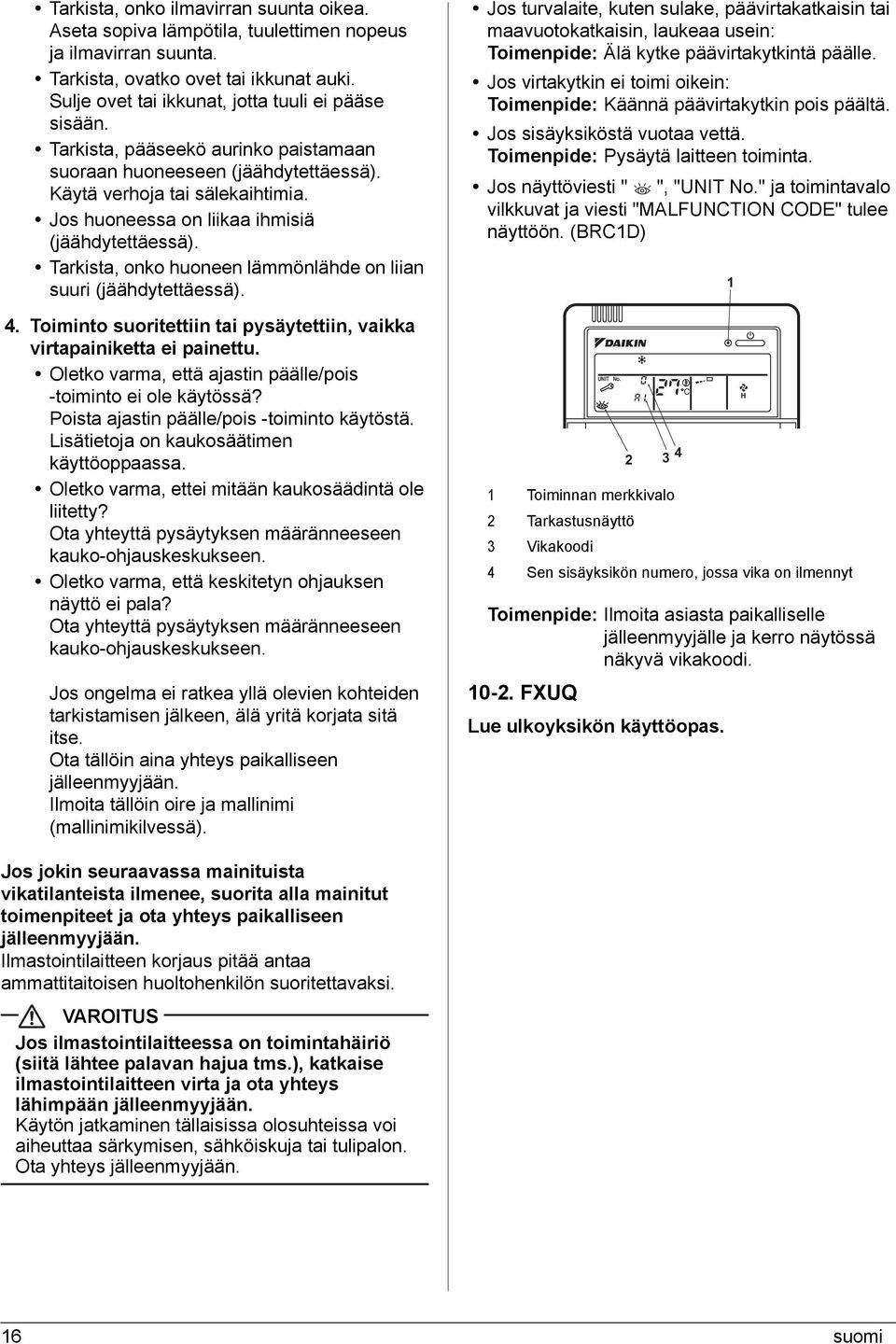 Tarkista, onko huoneen lämmönlähde on liian suuri (jäähdytettäessä). 4. Toiminto suoritettiin tai pysäytettiin, vaikka virtapainiketta ei painettu.