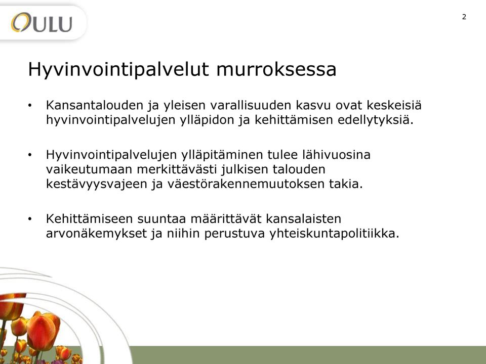 Hyvinvointipalvelujen ylläpitäminen tulee lähivuosina vaikeutumaan merkittävästi julkisen talouden