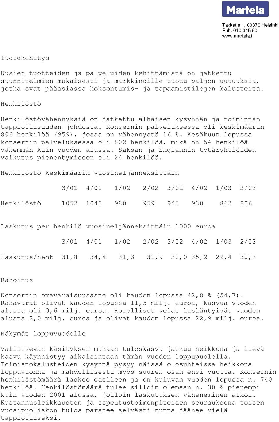 Kesäkuun lopussa konsernin palveluksessa oli 802 henkilöä, mikä on 54 henkilöä vähemmän kuin vuoden alussa. Saksan ja Englannin tytäryhtiöiden vaikutus pienentymiseen oli 24 henkilöä.