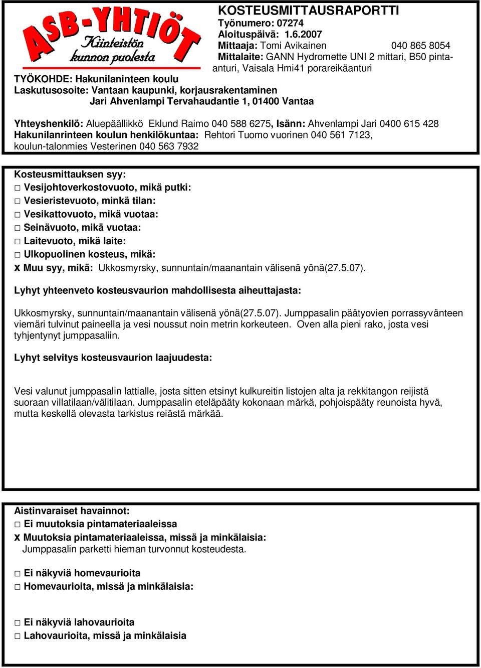 korjausrakentaminen Jari Ahvenlampi Tervahaudantie 1, 01400 Vantaa Yhteyshenkilö: Aluepäällikkö Eklund Raimo 040 588 6275, Isänn: Ahvenlampi Jari 0400 615 428 Hakunilanrinteen koulun henkilökuntaa: