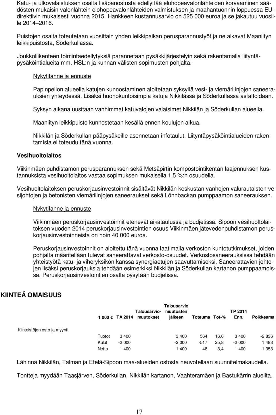 Puistojen osalta toteutetaan vuosittain yhden leikkipaikan perusparannustyöt ja ne alkavat Maaniityn leikkipuistosta, Söderkullassa.