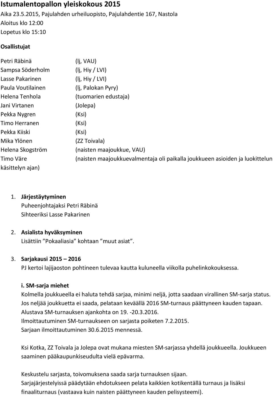 2015, Pajulahden urheiluopisto, Pajulahdentie 167, Nastola Aloitus klo 12:00 Lopetus klo 15:10 Osallistujat Petri Räbinä Sampsa Söderholm Lasse Pakarinen Paula Voutilainen Helena Tenhola Jani