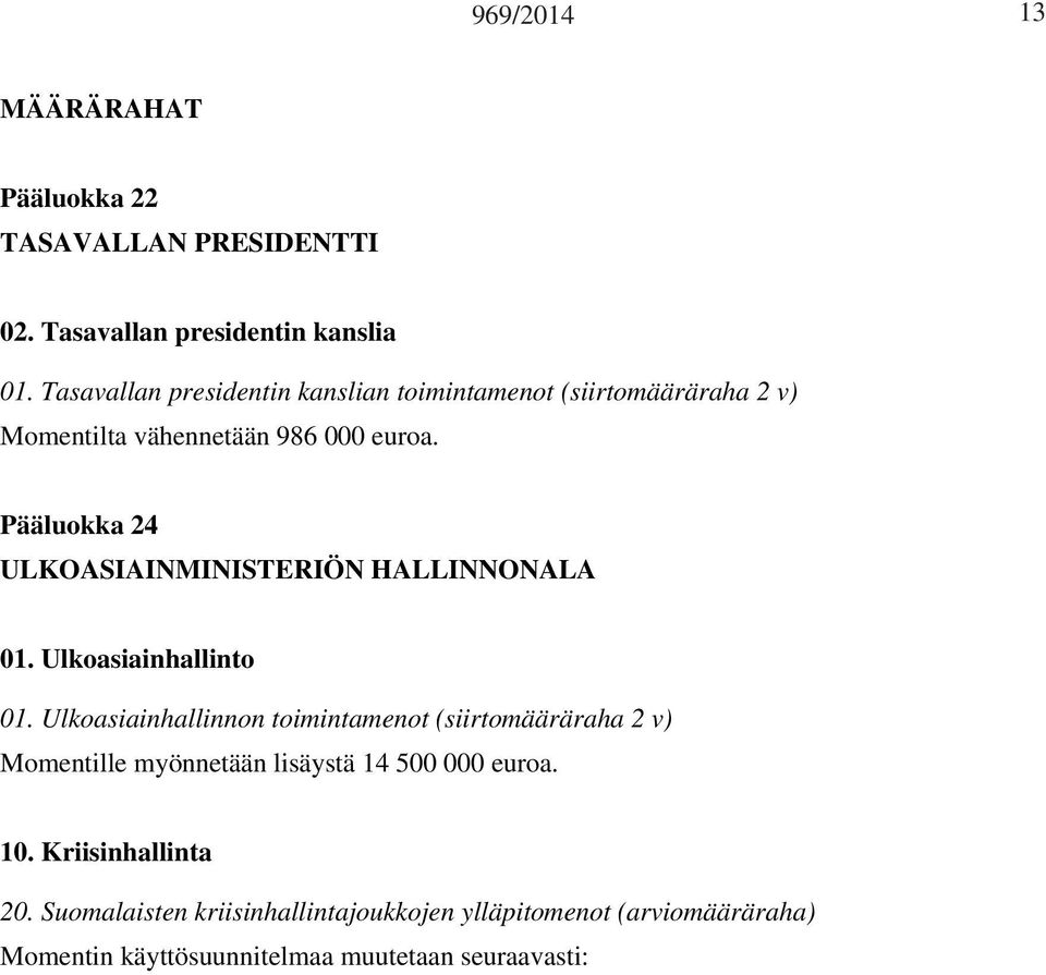 Pääluokka 24 ULKOASIAINMINISTERIÖN HALLINNONALA 01. Ulkoasiainhallinto 01.