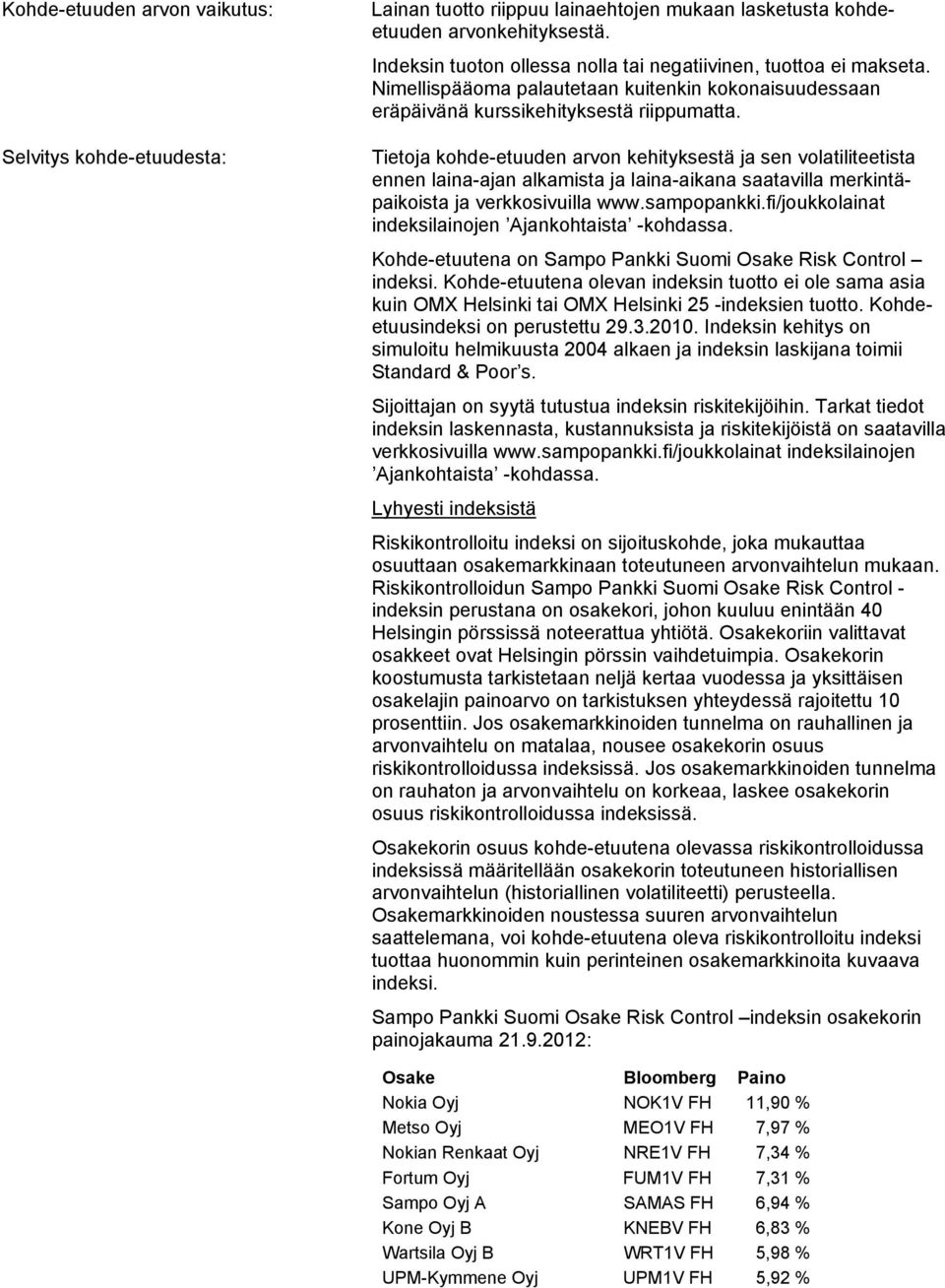 Tietoja kohde-etuuden arvon kehityksestä ja sen volatiliteetista ennen laina-ajan alkamista ja laina-aikana saatavilla merkintäpaikoista ja verkkosivuilla www.sampopankki.