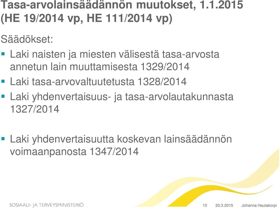 tasa-arvosta annetun lain muuttamisesta 1329/2014 Laki tasa-arvovaltuutetusta 1328/2014