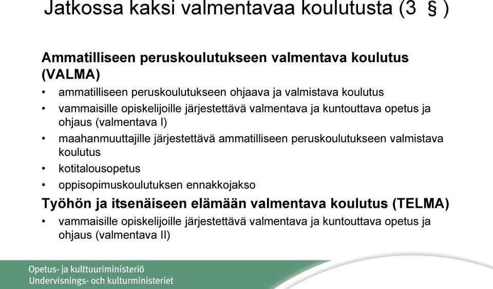 maahanmuuttajille järjestettävä ammatilliseen peruskoulutukseen valmistava koulutus kotitalousopetus oppisopimuskoulutuksen ennakkojakso