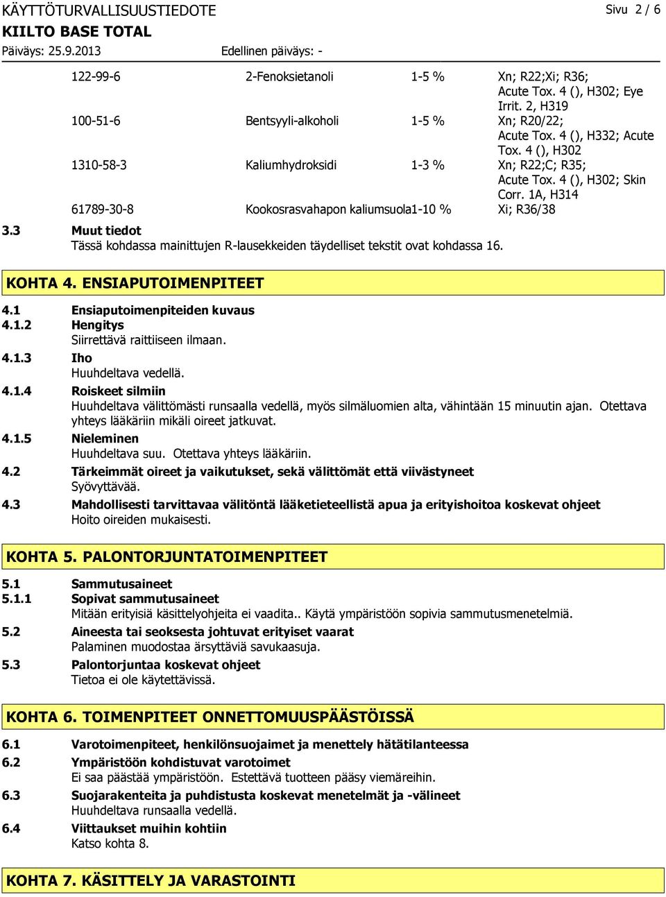 1A, H314 61789308 Kookosrasvahapon kaliumsuola110 % Xi; R36/38 3.3 Muut tiedot Tässä kohdassa mainittujen Rlausekkeiden täydelliset tekstit ovat kohdassa 16. KOHTA 4. ENSIAPUTOIMENPITEET 4.