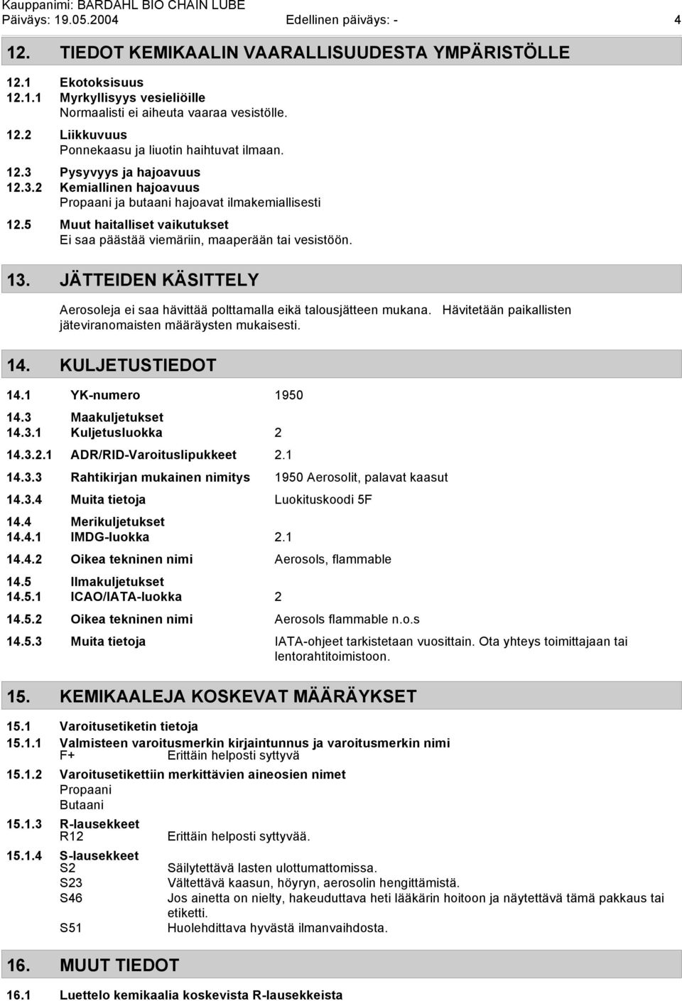 JÄTTEIDEN KÄSITTELY Aerosoleja ei saa hävittää polttamalla eikä talousjätteen mukana. Hävitetään paikallisten jäteviranomaisten määräysten mukaisesti. 14. KULJETUSTIEDOT 14.1 YK-numero 1950 14.