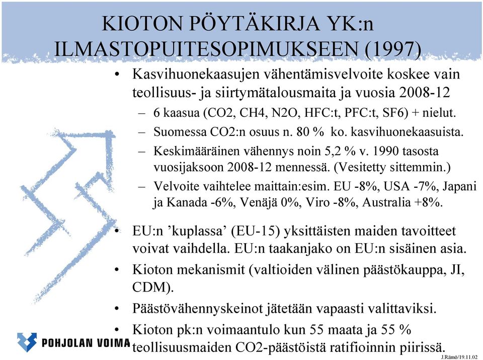 ) Velvoite vaihtelee maittain:esim. EU -8%, USA -7%, Japani ja Kanada -6%, Venäjä 0%, Viro -8%, Australia +8%. EU:n kuplassa (EU-15) yksittäisten maiden tavoitteet voivat vaihdella.