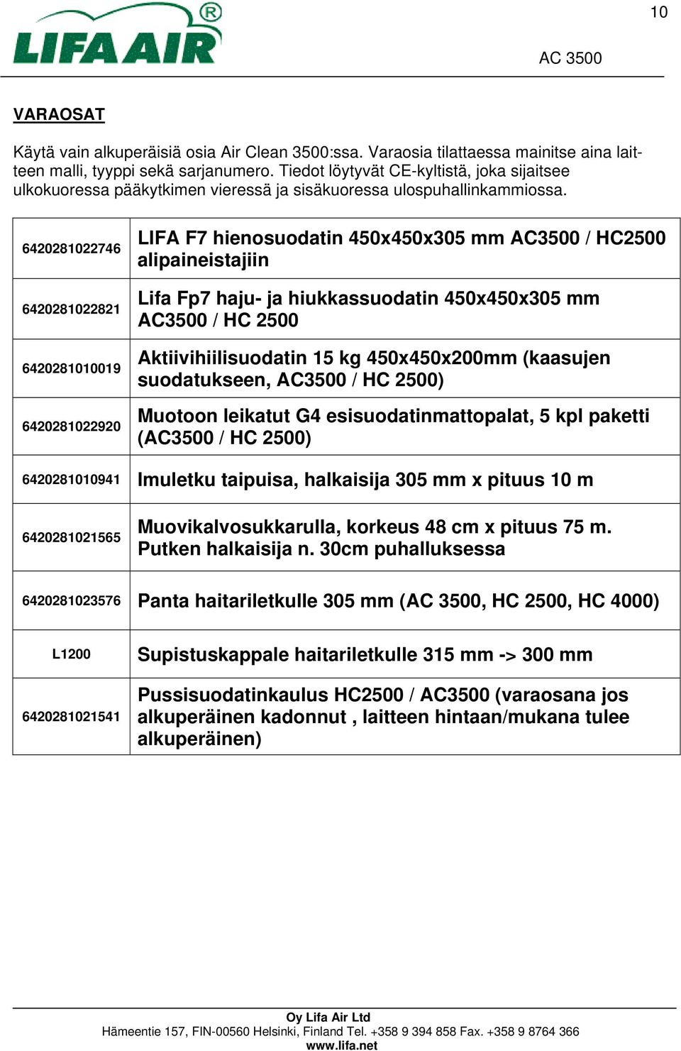 6420281022746 6420281022821 6420281010019 6420281022920 LIFA F7 hienosuodatin 450x450x305 mm AC3500 / HC2500 alipaineistajiin Lifa Fp7 haju- ja hiukkassuodatin 450x450x305 mm AC3500 / HC 2500