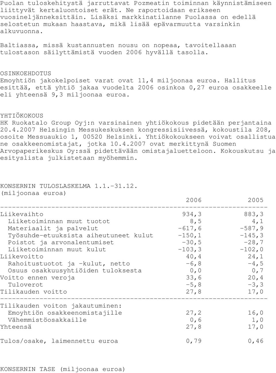 Baltiassa, missä kustannusten nousu on nopeaa, tavoitellaaan tulostason säilyttämistä vuoden 2006 hyvällä tasolla. OSINKOEHDOTUS Emoyhtiön jakokelpoiset varat ovat 11,4 miljoonaa euroa.