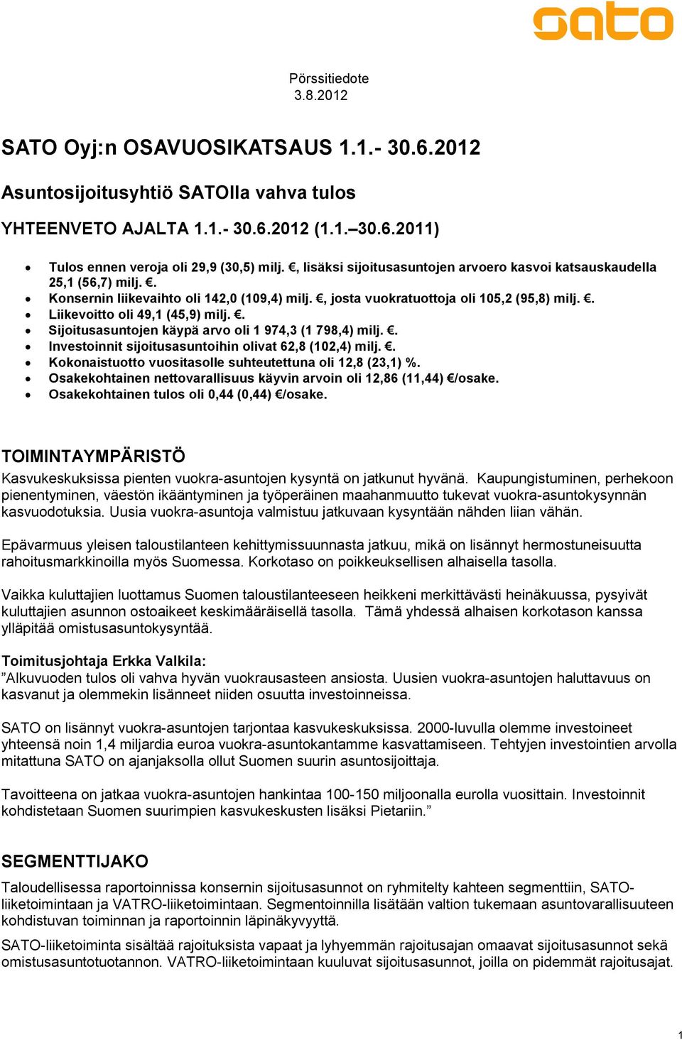 . Liikevoitto oli 49,1 (45,9) milj.. Sijoitusasuntojen käypä arvo oli 1 974,3 (1 798,4) milj.. Investoinnit sijoitusasuntoihin olivat 62,8 (102,4) milj.